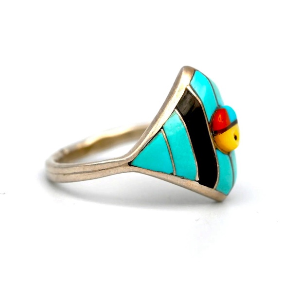 VINTAGE ZUNI STERLING SILVER TURQUOISE INLAY RING By FYC Zuni SIZE 7 - Picture 3 of 6